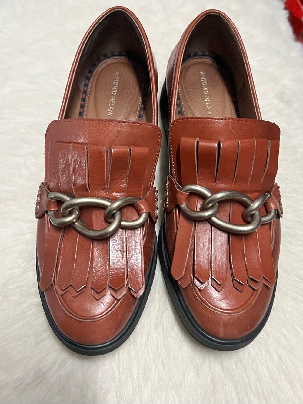 ANTONIO MELANI Rust Brown Leather Tassel Loafers with Chain